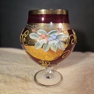 VTG Norleans Japan Ruby Red Glass Brandy Snifter Gold Floral Enamel Murano Style
